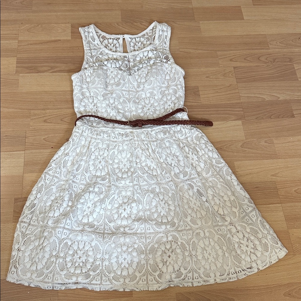 BCX Cream Lace Dress with Brown Belt
